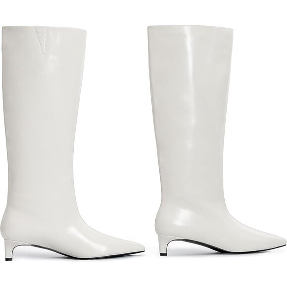 ⚡Women's White Knee High Boots 1.5-in Stiletto Low Heel Pull On Pointed Toe - Picture 4 of 6